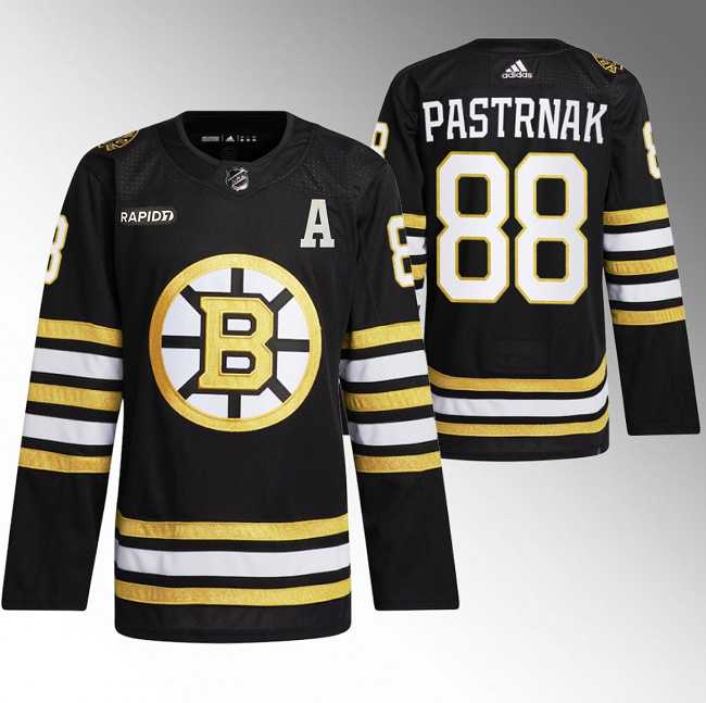 Men's Boston Bruins #88 David Pastrnak Black With Rapid7 Patch 100th Anniversary Stitched Jersey Dzhi